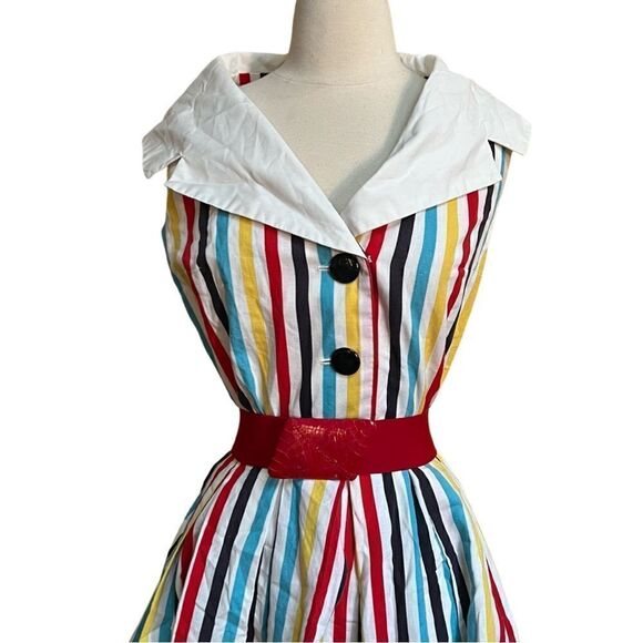 DREAMY Vintage 1950s Handmade One of a Kind Rainbow Shawl Collar Cotton Dress - Picture 9 of 11